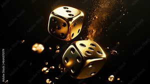 Golden dice rolling in slow motion with dramatic lighting and floating particles
