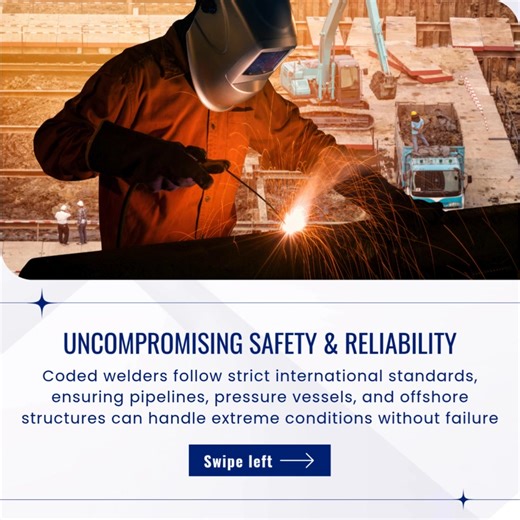 𝗪𝗵𝘆 𝗖𝗼𝗱𝗲𝗱 𝗪𝗲𝗹𝗱𝗶𝗻𝗴 𝗠𝗮𝘁𝘁𝗲𝗿𝘀 𝗶𝗻 𝗢𝗶𝗹 & 𝗚𝗮𝘀 ⚡ In one of the world’s toughest industries, precision and reliability are everything. That’s why Coded Welding is essential — it ensures: ✅ 𝗦𝗮𝗳𝗲𝘁𝘆 & 𝗥𝗲𝗹𝗶𝗮𝗯𝗶𝗹𝗶𝘁𝘆 – Strong welds built to withstand extreme conditions. ✅ 𝗚𝗹𝗼𝗯𝗮𝗹 𝗦𝘁𝗮𝗻𝗱𝗮𝗿𝗱𝘀 𝗖𝗼𝗺𝗽𝗹𝗶𝗮𝗻𝗰𝗲 – Meeting strict codes like ASME & AWS. ✅ 𝗗𝘂𝗿𝗮𝗯𝗶𝗹𝗶𝘁𝘆 & 𝗘𝗳𝗳𝗶𝗰𝗶𝗲𝗻𝗰𝘆 – Longer-lasting infrastructure with lower costs. At the 