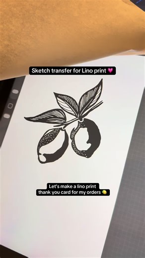 Lemon lino print thank you card 🍋 To transfer my design I used the non printer method to transfer my sketch onto lino. #artist #linocutprint #printmaking #blockprint #linoprint