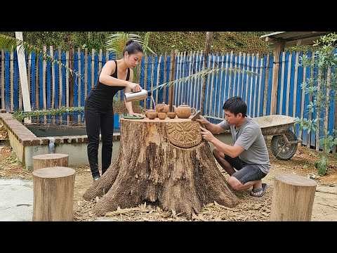 Solo Bushcraft: Make a Drinking Table from Tree Stump - Wooden House Skills | Lý Tiểu Muội