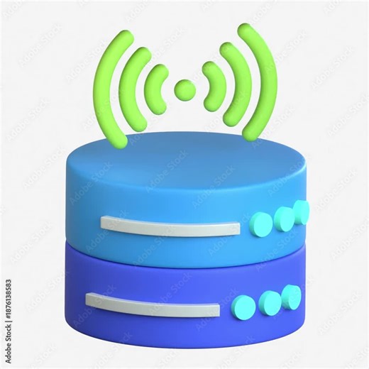 A 3D server database icon with signal waves radiating from the top representing data broadcasting and attention