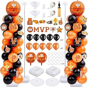 Gejoy 2 Sets Basketball Balloon Column Stand Kit Include 162 Latex Balloons 12 Pcs Cards 6.5 ft Adjustable Stands Tower Kit for Basketball Party Decorations