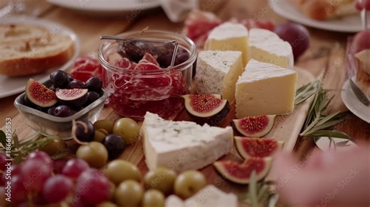 A wooden board displays cheese, fruit, and cured meats. An elegant spread ready to enjoy