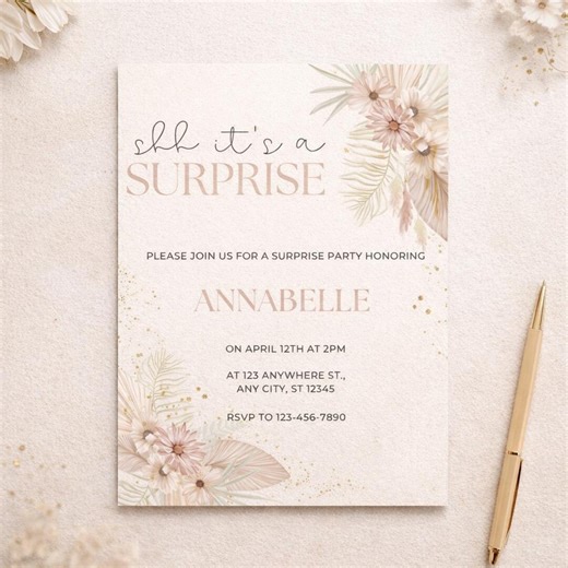 Boho Surprise Party Invitation Template - Editable Neutral Beige Party Invite - Etsy