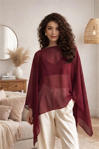 Sheer Chiffon Poncho Top | Elegant Cape Overlay Blouse - Etsy