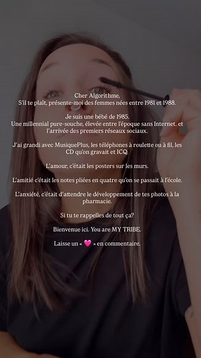 Je cherche ma gang. 👀 Celles qui ont grandi avec MusiquePlus, qui attendaient que leur chanson préférée passe à la radio pour peser sur “record”. Celles qui ont connu ICQ avant même de comprendre que c’était le début des réseaux sociaux. Celles qui parlaient au téléphone pendant des heures, attachées au fil, en espérant que personne ne décroche ailleurs dans la maison. L’amour, c’était les posters collés sur les murs et les petits papillons dans l’estomac quand ton flip phone vibrait. L’amitié,