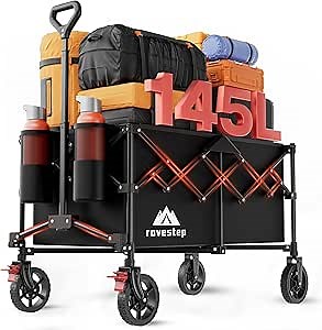 Collapsible Wagon Cart Heavy Duty Utility Carts with All Terrain Wheels for Garden, Grocery, Camping, Sports, Shopping, and Outdoor Use - 460lbs Capacity, Foldable, Portable, 145L Large Wagon