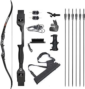 TOPARCHERY Archery 56" Takedown Hunting Recurve Bow and Arrow Set Metal Riser Right Hand Black Longbow Kit with 6Pcs Carbon Arrows Right Hand