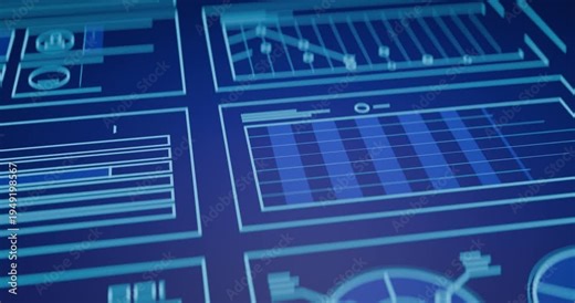 Animated digital dashboard with analytics, statistics, and calculation results in the form of charts, diagrams, tables, and graphs covering business, finance, savings, and investments