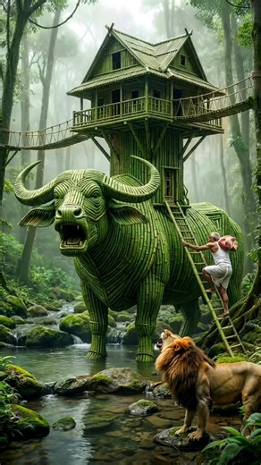 Indian Farmer Creates Giant Buffalo House 🏡🐅 to Survive a lion Attack 😱#ai#shorts#craft#bamboohouse