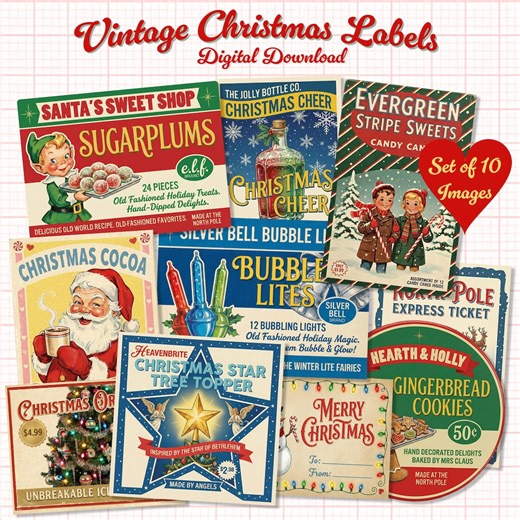 Vintage Victorian Retro Christmas Labels for Junk Journal • Clipart • Retro Holiday Printable • 10 Pngs for Crafts & Collage - Etsy