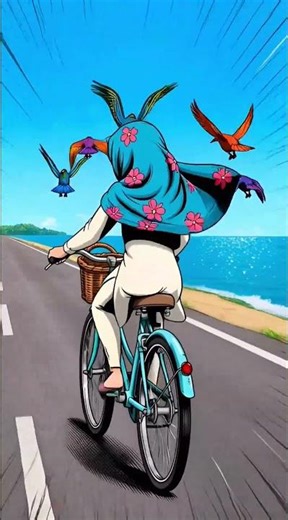 Girl on Bicycle by the Sea | Islamic Comic Illustration