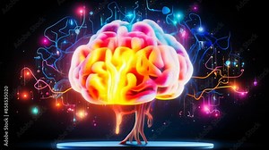 Vibrant Neon Brain Illustration Depicting Neural Activity, Creativity, and Cognitive Processes in a Conceptual Representation of the Human Mind at Night with Abstract Patterns