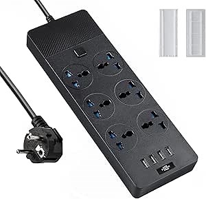 European Power Strip, Jumpso Universal Power Strip with 6 AC Outlets and 4 USB Ports, 110-240v, 3000w 6ft Extension Cord with EU Plug, Outlet Extender Plug Adapter for Overseas Travel Essentials
