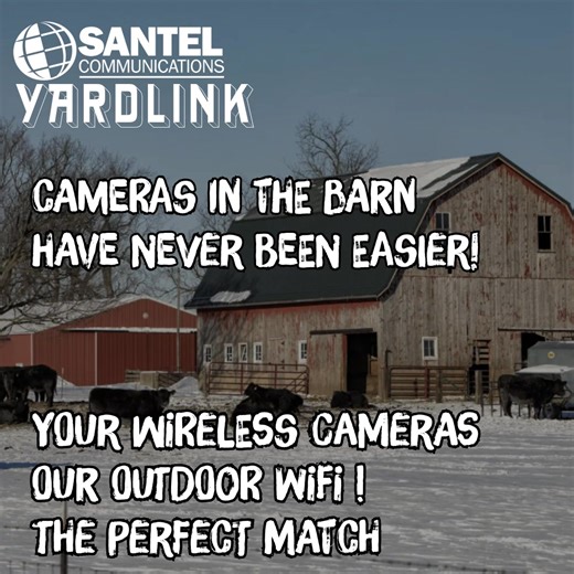 Need a Wi-Fi Solution for your farm? Santel Yardlink is new.. and awesome! Now with the ability to send "wireless camera internet speed" up to a mile! Give us call if you want to avoid multiple trips outside this coming calving season! #santelyardlink | Santel Communications | Facebook