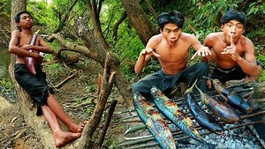 Cooking life TV Survival in the rainforest- Mans found fishes with eggplant for grilled -Eating delicious | Cooking life TV