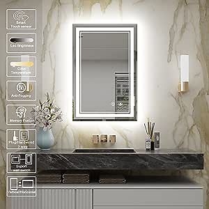 Led Bathroom Mirror with Lights 3 Color 6500K Dimmable Memory Lighted Bathroom Vanity Mirror 28x36 Smart Wall Mirror with Anti Fog Backlit & Front Light Up Mirrors for Bathroom, Barber Shop, espejos
