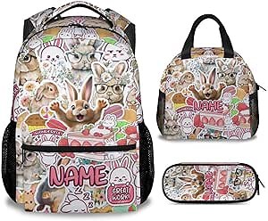 Custom Kids Backpack Set with Lunch Box Pencil Case, Cute Bunny Backpacks for School Preschool Elementary, Set of 3 Bookbag Lunch Bag Pencil Pouch Matching Combo, Personalized School Suppies