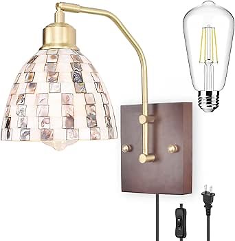 Vintage Natural Seashell Mosaic Lampshade Plug-in or Hardwire Wall Sconce with Edison LED Bulb, Solid Wood Brass Lamp Body Bedside Wall Light for Living Room, Bedroom, Hallway