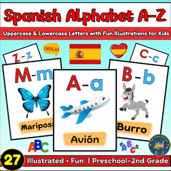 Spanish Alphabet Flashcards A–Z | Uppercase & Lowercase Illustrated Letter Cards
