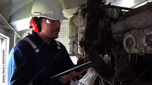 Industrial engineers,technicians,and supervisors inspecting and repairing machinery in the engine room,servicing and maintaining large locomotive engines,ensuring optimal performance and reliability i