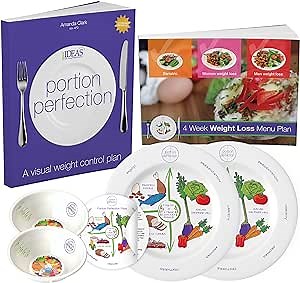 Portion Perfection Weight Control Kit With Portion Control Plates - 6 Piece Weight Control Kit Includes Book, 2 Porcelain Portion Plates and Measuring Bowls, and 4 Week Weight Control Menu Plan