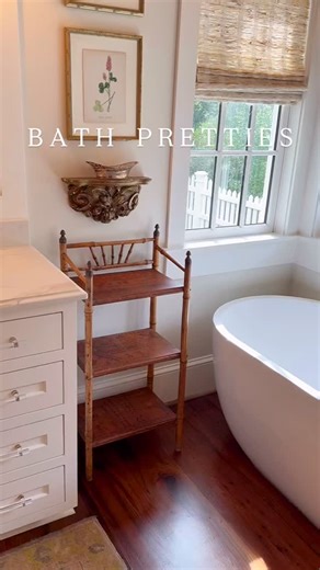 18K views · 478 reactions | I love an antique piece of furniture in a bathroom, makes all the hard surfaces warm and cozy!懶 I had this antique bamboo shelf set aside for exactly this spot when we added on our primary bed and bath! 懶 Fluffy towels and silver, what could be better懶 | Ellie Proctor Antiques and Fine Things | Facebook