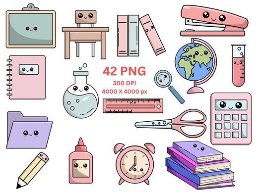 Kawaii School Supplies Clipart Bundle | Back To School Graphics (Digital Download)