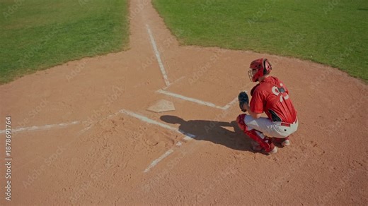 Rear view of the batter and catcher in their starting positions before the game.. The baseball players train by playing.