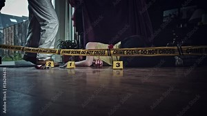 4K Crime Scene Detective Covers Dead Body on Floor