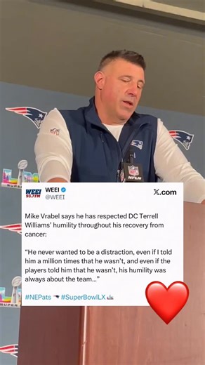 WEEI on Instagram: "Mike Vrabel says he has respected DC Terrell Williams’ humility throughout his recovery from cancer: “He never wanted to be a distraction, even if I told him a million times that he wasn’t, and even if the players told him that he wasn’t, his humility was always about the team…” ❤️ #patriots #patsnation #gopats #mikevrabel #superbowl"
