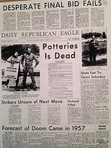 Pottery has always been synonymous with Red Wing and here is the story on the end of pottery production in Red Wing. The final pottery strike in 1967 shut down 100 years of making plates, dinnerware, crocks and ash trays and ended a Red Wing institution. See and hear this musical story of the final days of pottery production in this 2005 Bend in the River production of "Taking Care of Pottery" in Red Wing. Narrated by Charlie Boone. | Red Wing