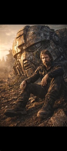 PROMPT: “Ultra-realistic post-apocalyptic cinematic portrait based on the person in the provided image, sitting on rugged terrain in front of a massive, destroyed robot/mecha head. The giant robot helmet behind him is rusty, battle-damaged, covered in scratches, dents, exposed mechanical parts, and small creeping plants growing on the metal. The robot's head is slightly tilted, creating an epic contrast between human and machine. The man is seated in a relaxed yet powerful pose, with one knee ra