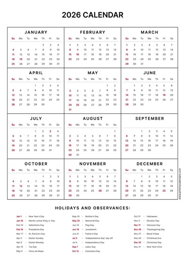 2026 Calendar with Holidays USA | Printable US Calendar 2026 | 2026 USA Calendar #calendar2026