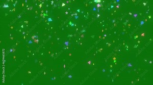 Geometric Shape And Confetti Falling, Triangle Particles And Confetti Particle Falling On Green Screen Background, Abstract Animation Of 3d Geometric Shape, Stars, And Confetti Falling