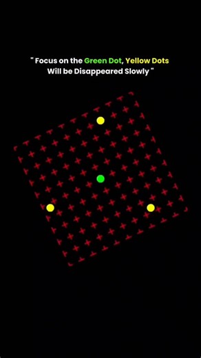 The Odd Hub on Instagram: "The video showcases a classic example of an optical illusion known as Motion-Induced Blindness (MIB). In a vertically oriented, square-framed format, the video features a rotating grid of small red "+" symbols set against a pitch-black background. At the center of this spinning field is a stationary, bright green dot, surrounded by three stationary yellow dots positioned in a triangular formation around it. At the top of the frame, instructional text reads: "Focus on t
