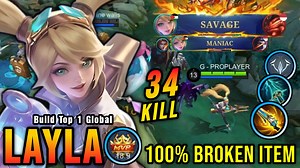 Savage & Maniac!! 34 Kills Layla One Hit Build and Emblem!! - MLBB #gameplayproplayer #layla #MLBB | Gameplay Proplayer Live