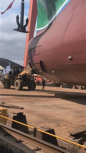 Dangerous Job! Bulldozer Pushing Massive Cargo Ship into Water 😱⚓#shorts