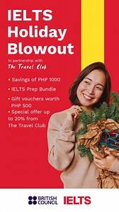 📣 🎉 IELTS Holiday Blowout! 🎉 📣 📚✨ Get ready for our biggest holiday offer yet! Achieve IELTS success and save big while you prepare. Register for any test until 31 January 2025 with promo code BCHoliday2024 and get as much as PHP 1500 worth of savings and vouchers PLUS a comprehensive preparation course from British Council. Limited time only—don't miss out! 🕒💥 Register now: https://bit.ly/IELTSHoliday2024 *Available in select locations. Test candidates who registered through a British Co