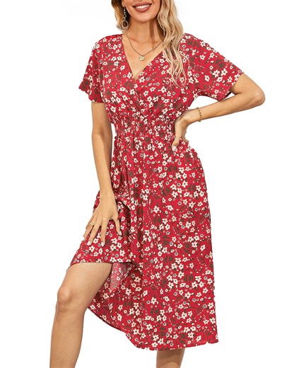 UVN Women Summer Dresses Short Sleeve V Neck A-Line Midi Dress Ladies Boho Beach Floral Print Sundress