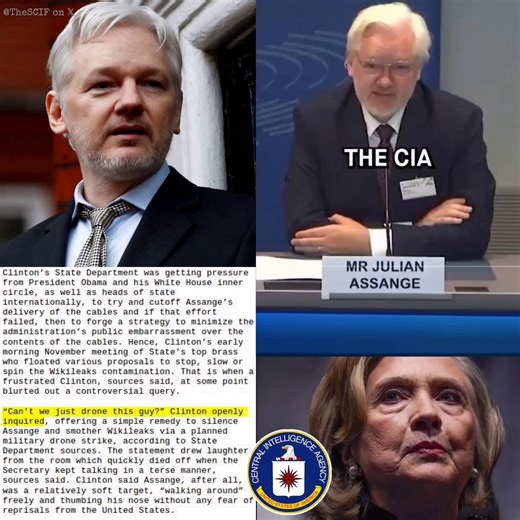 Hillary Clinton: "Can't we just drone this guy?"The CIA literally drew up plans to kidnap & assassinate Julian Assange because he told the truth and dropped the Clinton-Podesta emails and much more.A CIA asset was also permanently assigned to track his wife and to collect DNA off of his 6 month-old son's "nappy."