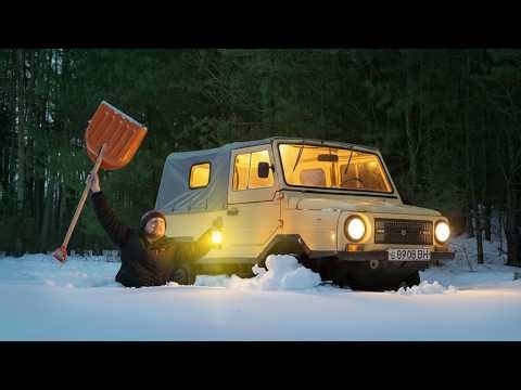 Truck Camping in a Snowy Forest | Sleeping in an Old Truck | Camping Sounds | ASMR