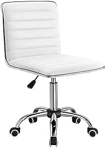Furmax Mid Back Vanity Chair for Makeup Room, Low Back PU Leather Swivel Computer Desk, Task and Office Chair Retro with Armless Ribbed (White)