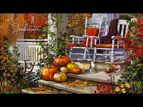 Calm Autumn Day on Porch ASMR Ambience🍂Crunchy Leaves & Footsteps, Wind Chimes, Peaceful Fall Nature