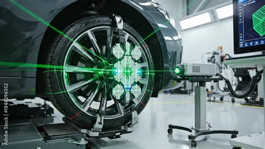 Car tire alignment process. Green laser lines visualize the wheel?s position on a workstation with a monitor