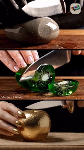 Kiwi 🥝, stone 🪨 & golden apple 🍎 … Pure calming vibes ✨ Follow ✅ for more! 💜