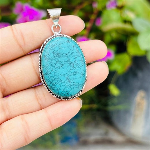 Blue Turquoise Pendant, 925 Sterling Silver Pendant, Oval Gemstone Pendant, Handmade Pendant, Boho Pendant, Turquoise Jewelry, Gift for Her - Etsy