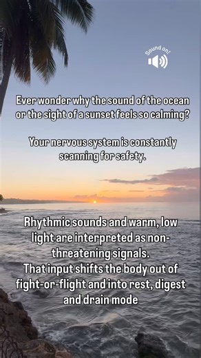 Drainage & Detox Specialist | Dr Caitlin Czezowski on Instagram: "There’s a reason the sound of ocean waves and the colors of a sunset can make your shoulders drop and your breath slow. Your nervous system is always taking in information from the environment, especially sound and light to decide whether it needs to stay alert or can safely power down. Slow, repetitive sounds like waves are predictable and non-threatening, which reduces the brain’s need to stay on high alert. Warm, low-angle ligh