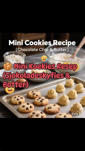 🍪 Mini Koekies Resep (Sjokoladeskyfies & Botter) 🥣 Bestanddele (Basisdeeg) 250 g koekmeel 150 g ongesoute botter (sag gemaak) 🧈 120 g suiker (gewoon of gemeng met bruinsuiker) 1 eier 🥚 1 tl vanille-ekstrak 🌼 ½ tl koeksoda ¼ tl sout 🧂 🍫 Vir Sjokoladeskyfie-Koekies ½ koppie sjokoladeskyfies 🧈 Vir Botterkoekies Opsioneel: 1 eetlepel melk (vir ’n gladder tekstuur) --- 👩‍🍳 Metode 1. Meng die botter en suiker tot romerig. Voeg die eier en vanille by en klits weer. 2. Roer die meel, koeksoda 