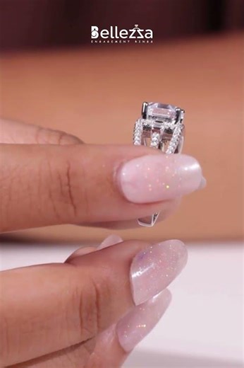 Asscher Cut Cluster Diamond Moissanite Engagement Ring